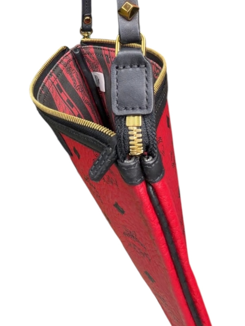 MCM Red Visetos Coated Canvas Zip Wristlet Clutch Pouch Black Trim Gold Hardware - Picture 9 of 10